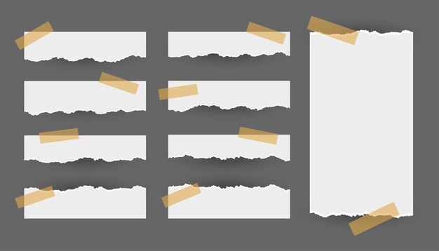 Conjunto de hojas de papel rasgadas con cinta