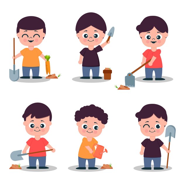 Conjunto de hombre cultivar verduras en la colección de personajes de dibujos animados, ilustración aislada