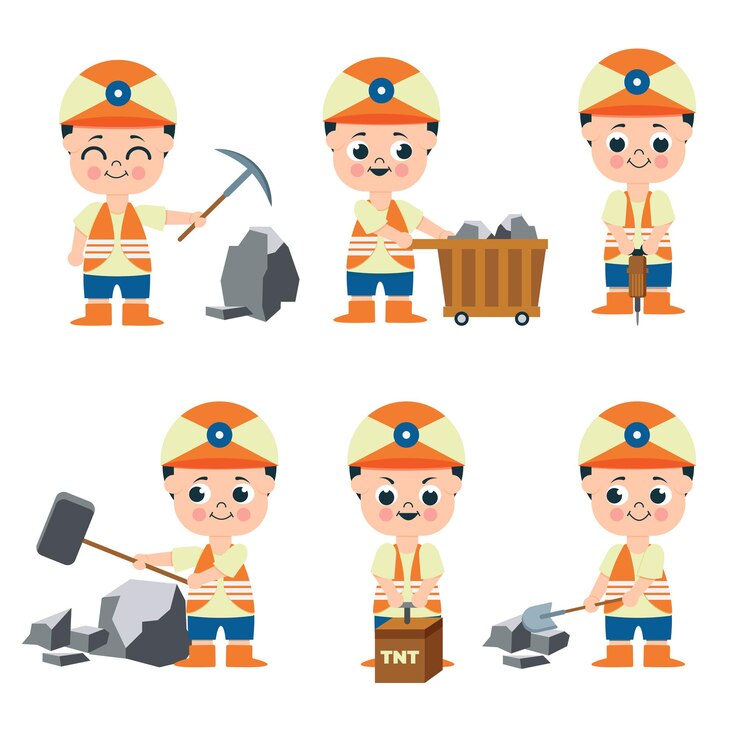 Vector gratuito conjunto de hombre minero que trabaja en la colección de personajes de dibujos animados, ilustración aislada