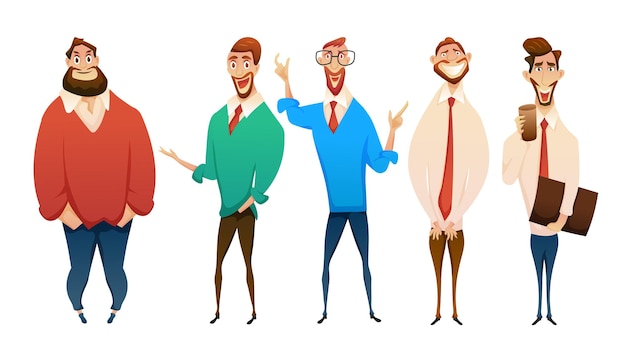 Vector gratuito conjunto de hombres en diferentes tamaños de cuerpo y estilo de vestir en vector de dibujos animados