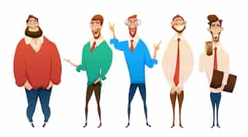 Vector gratuito conjunto de hombres en diferentes tamaños de cuerpo y estilo de vestir en vector de dibujos animados