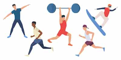 Vector gratuito conjunto de hombres haciendo deporte.