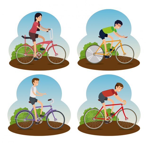 Conjunto hombres y mujeres andar en bicicleta
