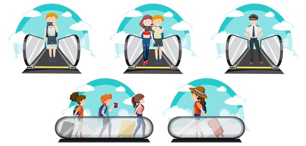 Un conjunto de hombres y mujeres temáticos de vacaciones de viaje sobre fondo blanco