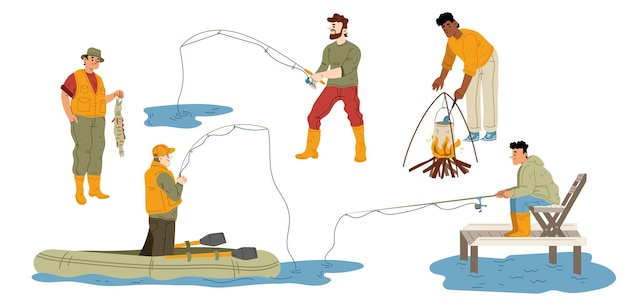 Conjunto de hombres pescando aislado sobre fondo blanco.