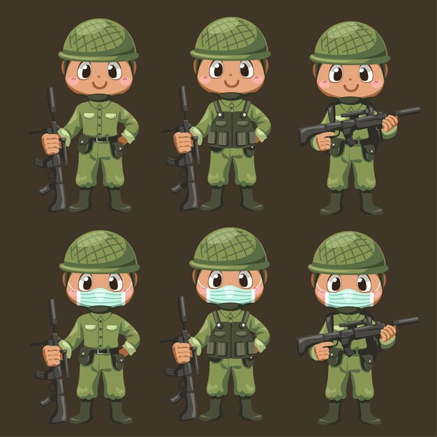 Conjunto de hombres de soldados del ejército en uniforme sosteniendo rifle con acción de diferencia y parados en saludo en personaje de dibujos animados, ilustración plana aislada