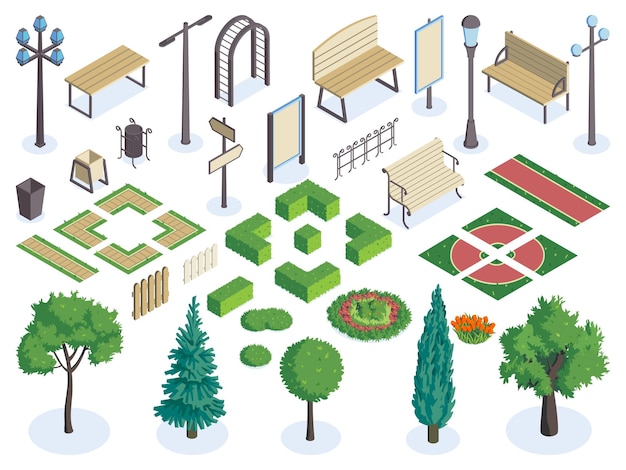 Conjunto horizontal de color de parque de ciudad isométrica con elementos aislados de jardín cuadrado público en ilustración de vector de fondo en blanco