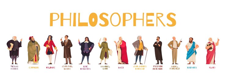 Vector gratuito conjunto horizontal de filósofos y científicos famosos como rene descartes thomas hobbes jean jacques rousseau michel foucault ilustración vectorial aislada