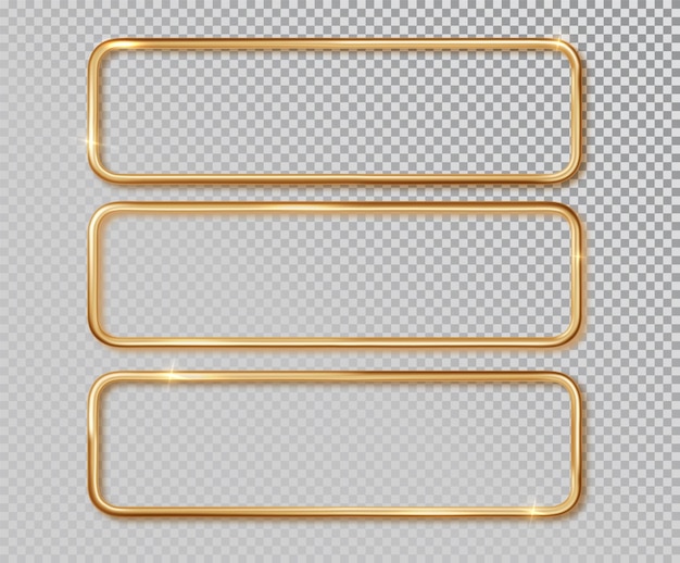 Conjunto horizontal de marco dorado Borde dorado de metal vectorial realista con lugar para inscripciones aisladas sobre fondo transparente Diseño 3D realista