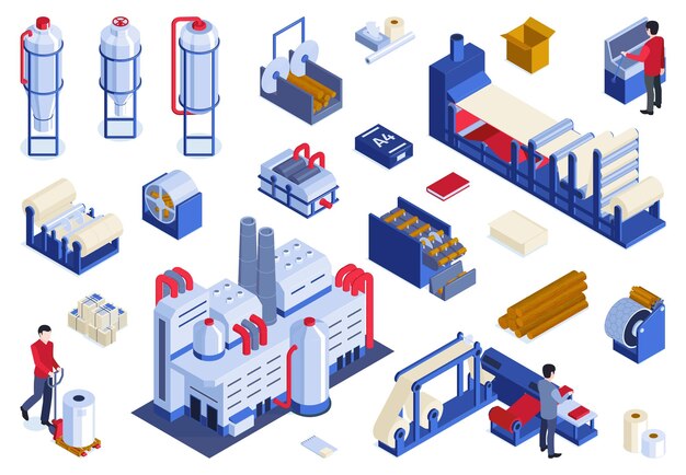 Conjunto horizontal de producción de papel isométrico de iconos aislados con personajes de operadores humanos e instalaciones industriales ilustración vectorial
