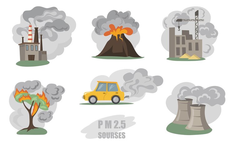 Vector gratuito conjunto de humos tóxicos. humos de tuberías de fábrica, volcán, coche en la ciudad, niebla exterior de incendios forestales aislados en blanco. ilustración plana