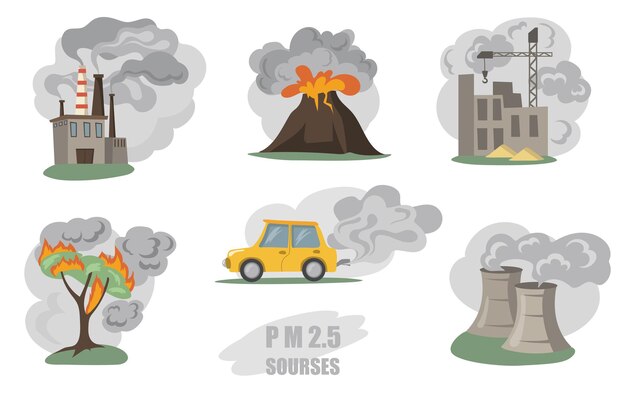 Conjunto de humos tóxicos. Humos de tuberías de fábrica, volcán, coche en la ciudad, niebla exterior de incendios forestales aislados en blanco. Ilustración plana