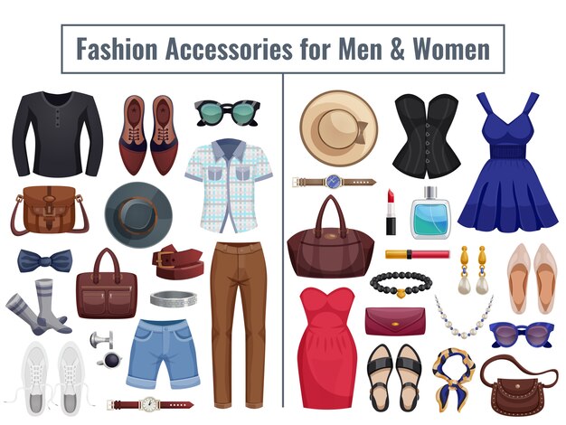 Conjunto de iconos de accesorios para hombres y mujeres