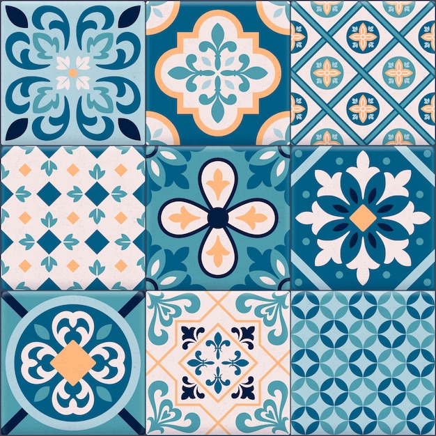 Conjunto de iconos de adornos de baldosas de cerámica de colores y realistas para la creación de diferentes patrones