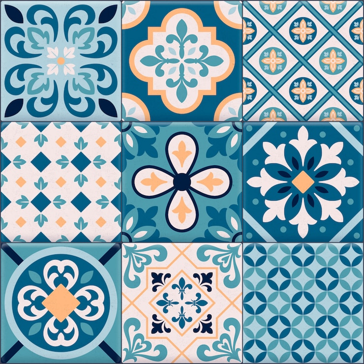 Conjunto de iconos de adornos de baldosas de cerámica de colores y realistas para la creación de diferentes patrones