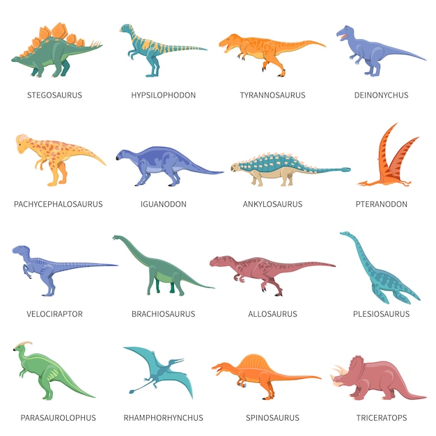 Conjunto de iconos aislados de colores dinosaurios