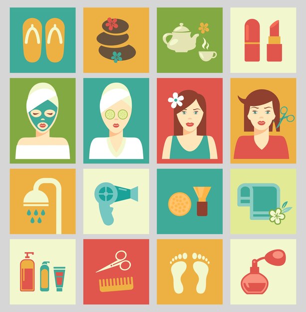 Conjunto de iconos aislados en cuadrados coloridos. Belleza y cuidado del cuerpo femenino. Corte de pelo, spa y maquillaje. Ilustración vectorial
