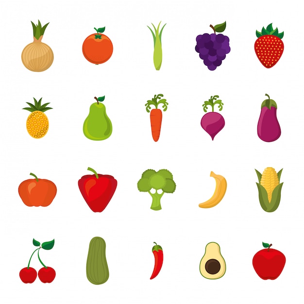 Conjunto de iconos aislados de frutas y verduras