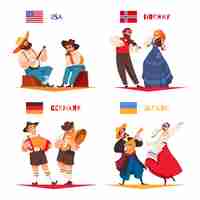 Vector gratuito conjunto de iconos aislados de música folclórica con parejas de estados unidos, noruega, alemania y ucrania, ilustración vectorial