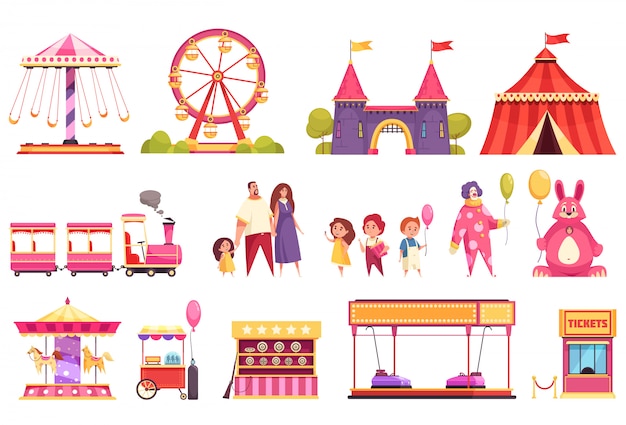 Conjunto de iconos aislados de parque de atracciones de carrusel de tren de autódromo atracciones del castillo medieval carpa de circo y visitantes ilustración de dibujos animados