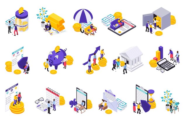 Conjunto de iconos aislados del plan de preparación para la jubilación con imágenes de personajes humanos isométricos de monedas y acuerdos ilustración vectorial