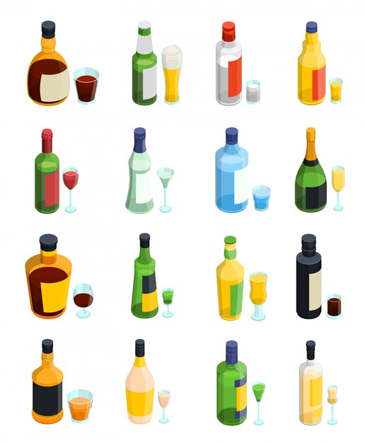 Conjunto de iconos de alcohol isométrica color