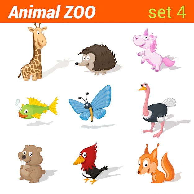 Conjunto de iconos de animales divertidos niños. Elementos de aprendizaje de idiomas para niños. Jirafa, erizo, unicornio, pez, mariposa, avestruz, hámster, pájaro carpintero, ardilla.