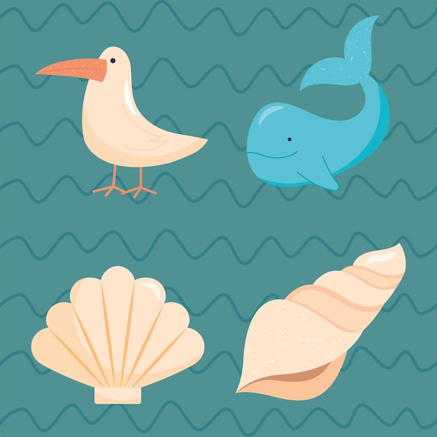 Vector gratuito conjunto de iconos de animales marinos y conchas