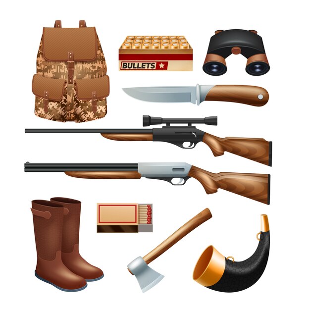 Conjunto de iconos de aparejos y equipo de caza con cuchillos de rifles y kit de supervivencia