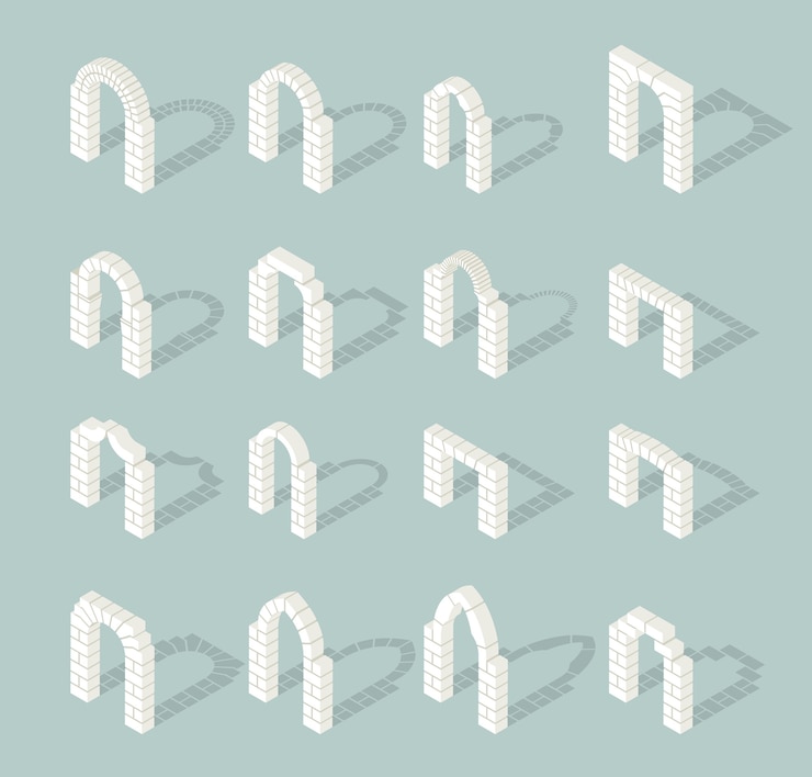 Vector gratuito conjunto de iconos de arco 3d isométrico arquitectónico de piedra. antigua puerta de entrada exterior.