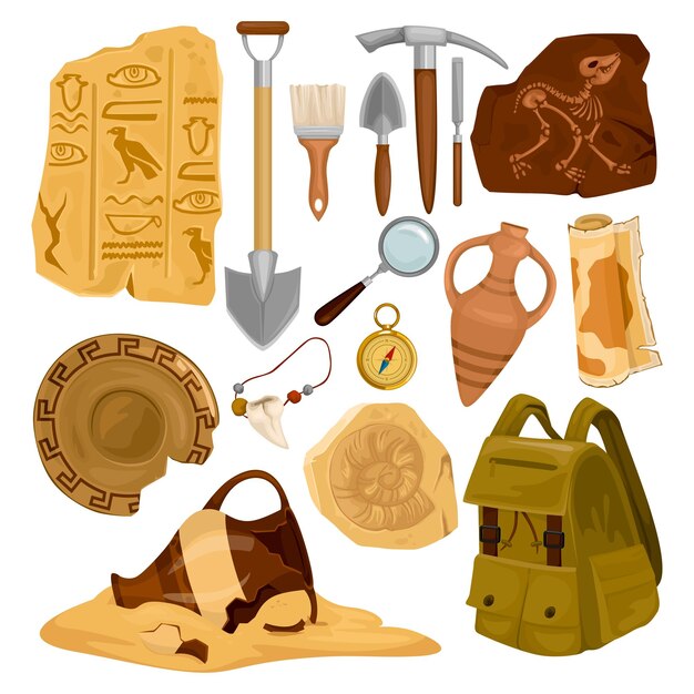Conjunto con iconos de artefactos antiguos de arqueología aislados con imágenes de herramientas de excavación y elementos de ilustración de vectores de antigüedad