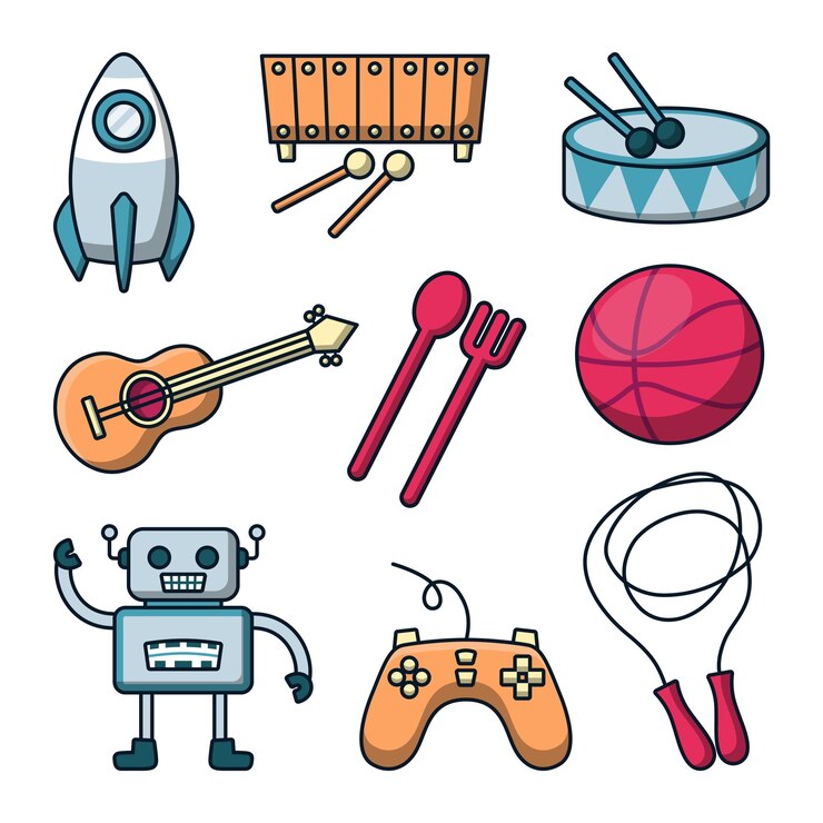 Conjunto de iconos de artículos para bebés con juguetes y accesorios para niños en estilo de dibujos animados