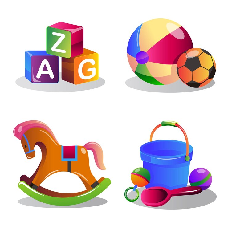 Conjunto de iconos de artículos para bebés con juguetes y accesorios para niños en estilo de dibujos animados