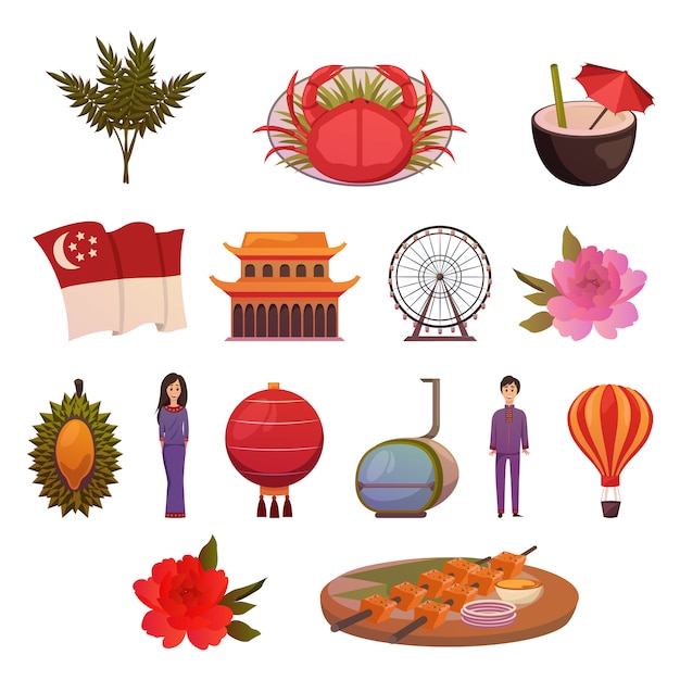 Vector gratuito conjunto de iconos de atracciones de lugares de interés de singapur