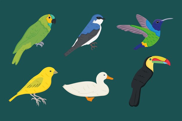 conjunto de iconos de aves sobre fondo azul