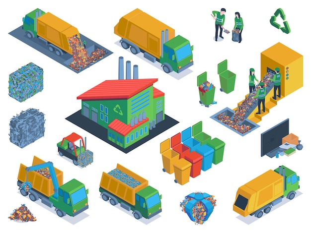 Vector gratuito conjunto de iconos de basura aislados e isométricos con pasos de transporte de reciclaje e ilustración vectorial de separación