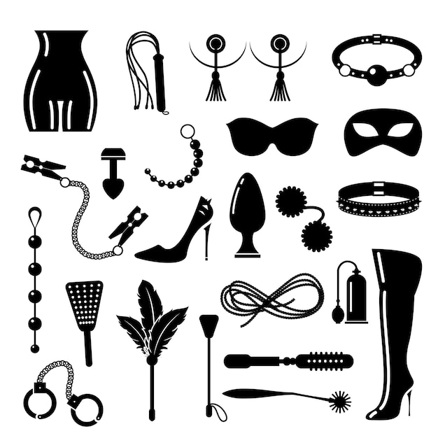 Conjunto de iconos BDSM. BDSM y disciplina, elementos de dominación.