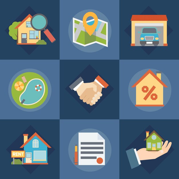 Conjunto de iconos de bienes raíces y agentes inmobiliarios