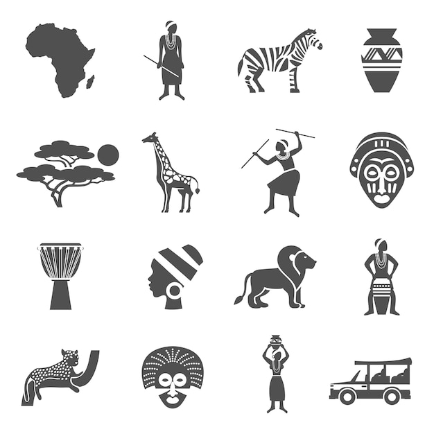 Vector gratuito conjunto de iconos blanco negro de áfrica