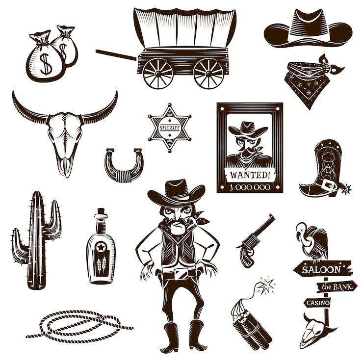 Vector gratuito conjunto de iconos blanco negro vaquero