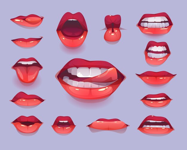 Conjunto de iconos de boca de mujer. Labios sexy rojos expresando emociones