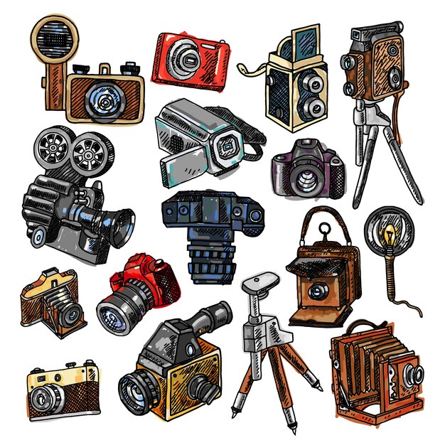 Conjunto de iconos de boceto de cámara doodle