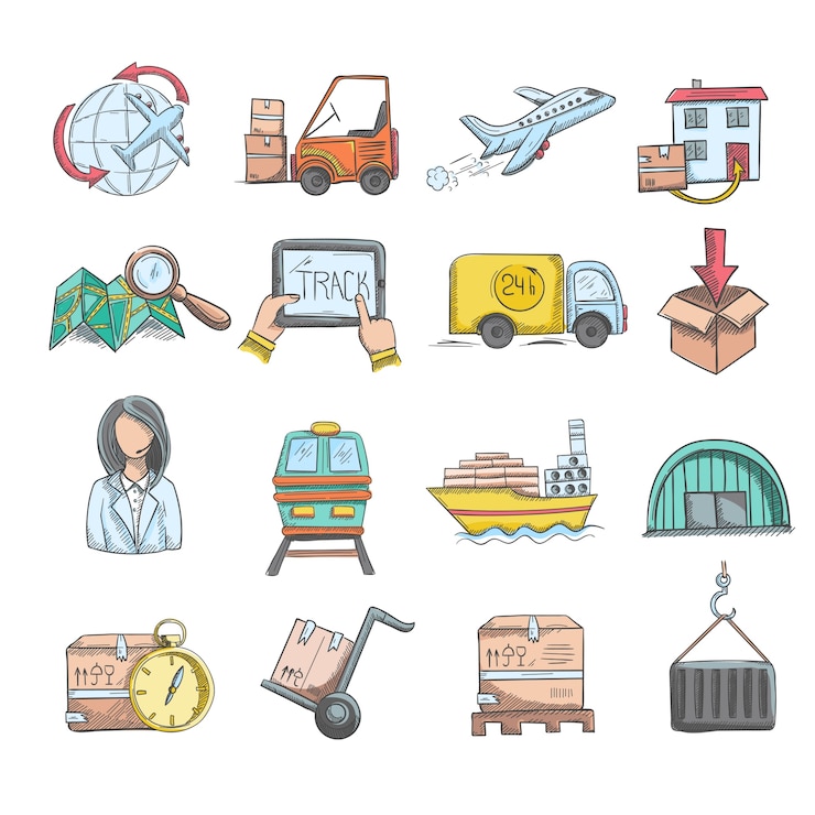 Vector gratuito conjunto de iconos de boceto de logística