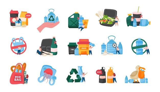 Conjunto de iconos de cambio de color plano con contaminación de botellas de plástico y bolsas de plástico ecológicas y materiales reciclables ilustración vectorial