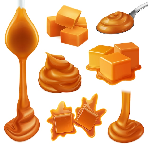 Vector gratuito conjunto de iconos de caramelos de caramelo realista con líquido cremoso y gotas cremosas de caramelo