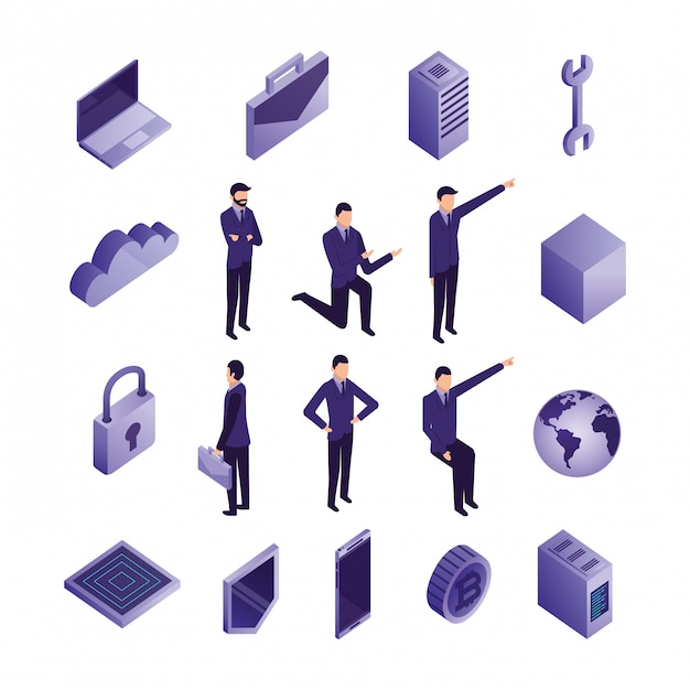 Conjunto de iconos de centro de datos y gente de negocios