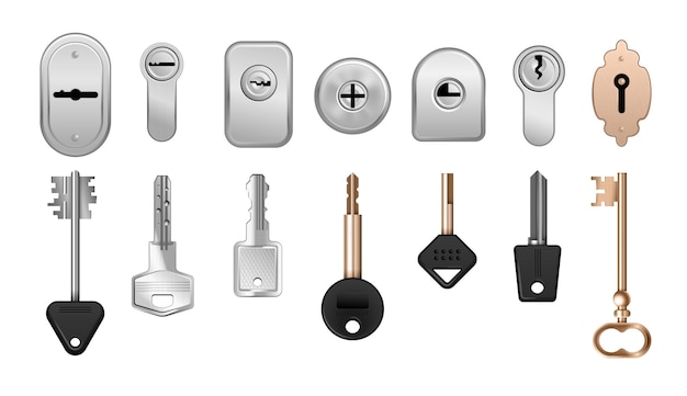 Vector gratuito conjunto de iconos de cerraduras de puertas de cerraduras de llaves realistas conjuntos de cerraduras con llaves para diferentes tipos de ilustraciones de vectores de puertas