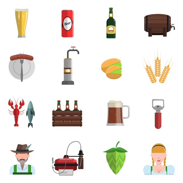 Vector gratuito conjunto de iconos de cerveza plana