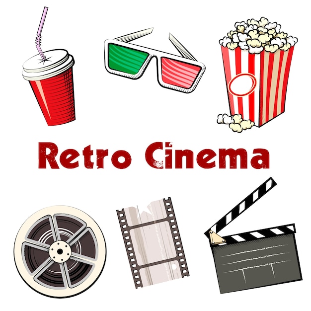 Conjunto de iconos de cine retro de vector de color con un refresco en una taza para llevar gafas 3d carrete de palomitas de maíz de tira de película de 35 mm y tablero de chapaleta