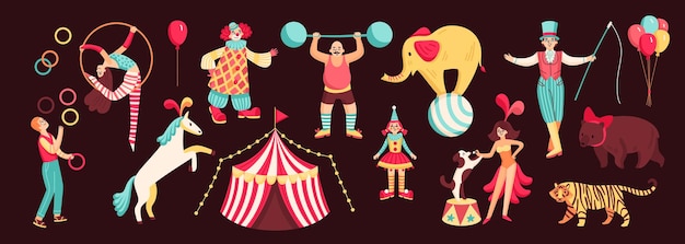 Conjunto de iconos de color de circo magos entrenadores de globos y sus animales hombres fuertes y payasos ilustración vectorial